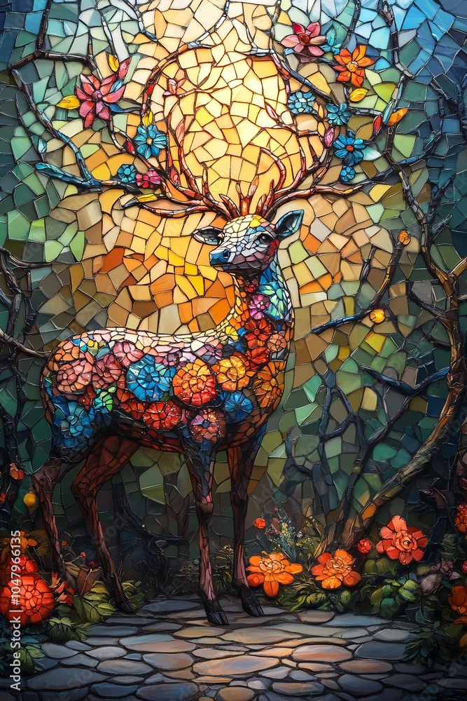 Obraz premium Stained glass deer a vibrant mosaic of nature's beauty captured in colorful splendor and intricate design