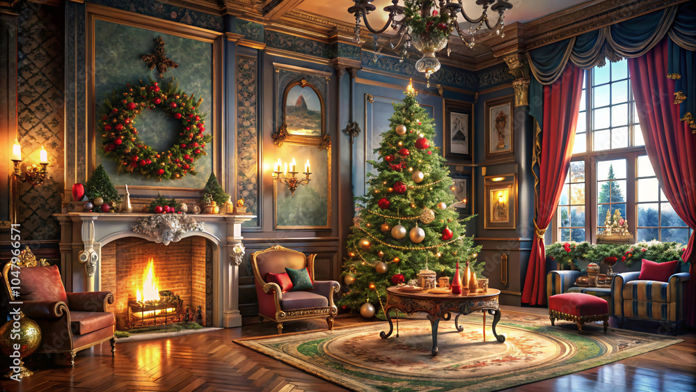 Obraz premium Luxurious Victorian living room with a grand Christmas tree, garlands, wreaths, and a glowing fireplace, set in rich blue and gold tones
