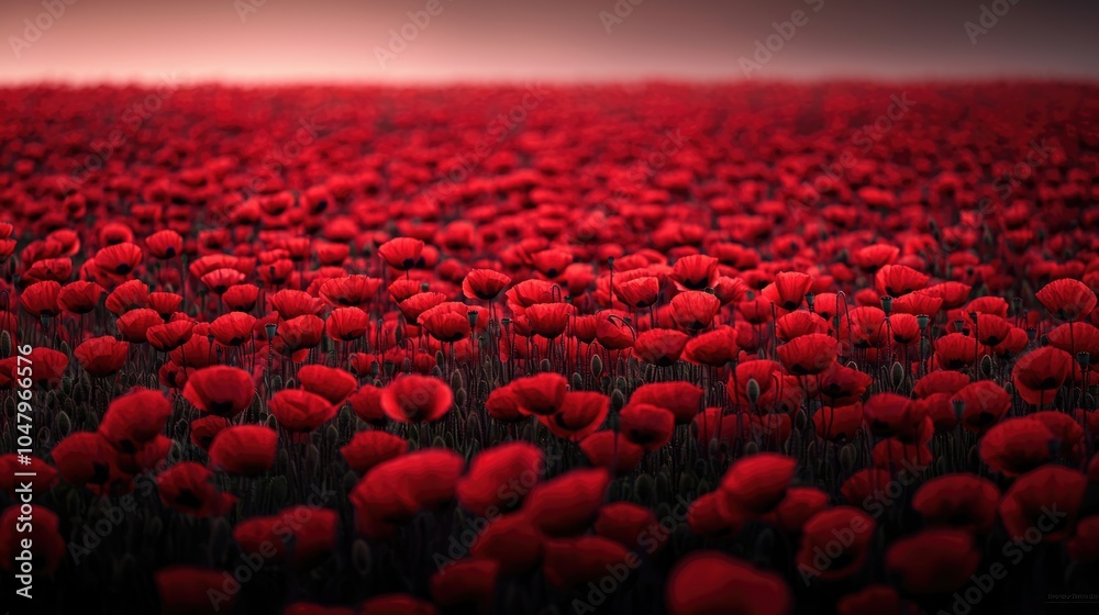 Fototapeta premium A vibrant field of red flowers stretches into the distance, creating a stunning visual display against a soft background.