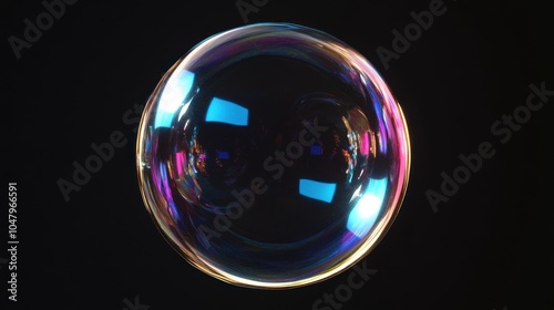 A Single Soap Bubble Floating Against A Black Background