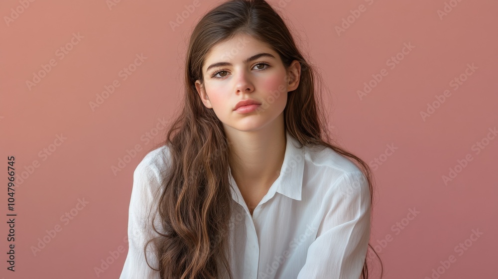 Portrait of a Young Woman Against a Soft Pink Background Portrait of a Young Woman Against a Soft Pink Background