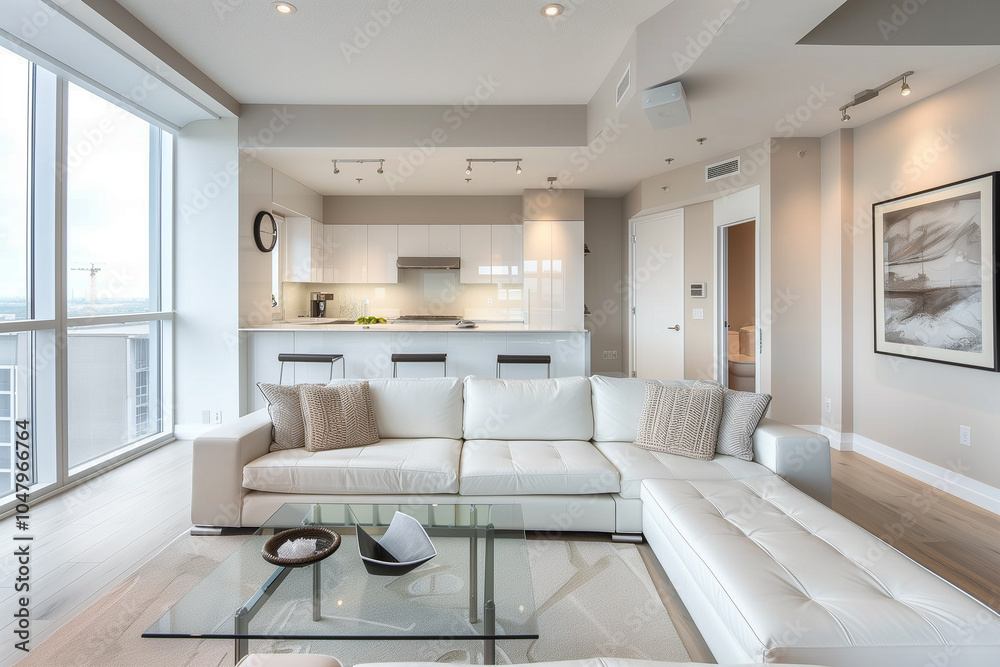 Fototapeta premium Contemporary open space with a monochromatic color palette, an elegant low sofa, glass divider, and a minimalist kitchen with bar seating in the background.