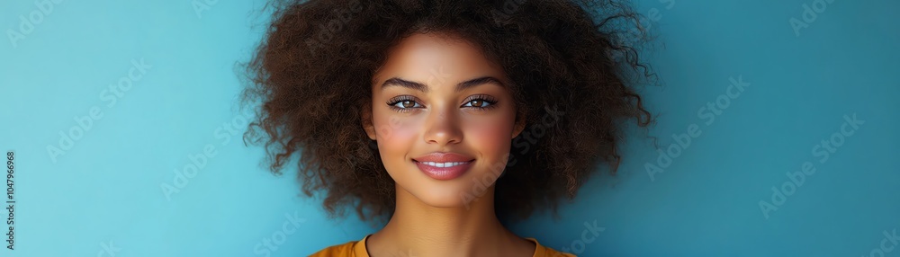 Casual woman in a loose tan shirt, smiling confidently against a simple backdrop