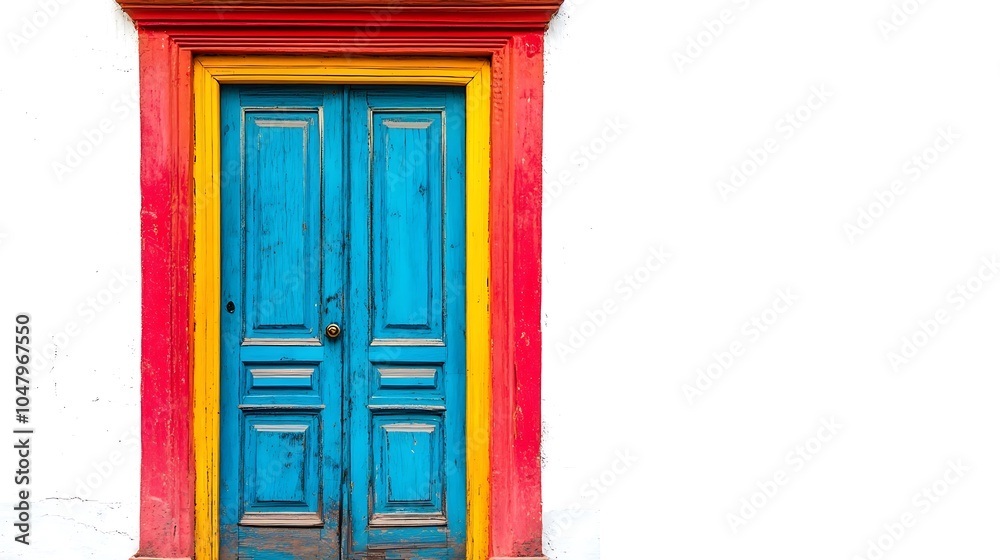 Obraz premium A vibrant blue door framed by colorful red and yellow accents against a white wall.