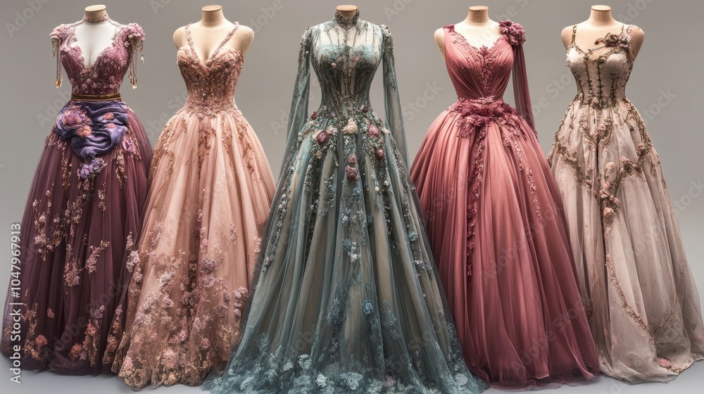 A row of five dresses with different colors and designs. Generative AI A row of five dresses with different colors and designs. Generative AI