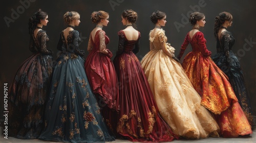 A group of women in long dresses are standing in a row. Generative AI