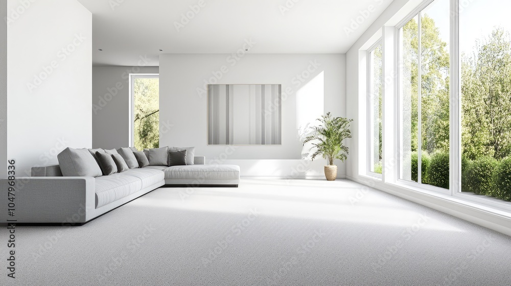 Fototapeta premium Spacious Living Room with Light Gray Carpet and Natural Light