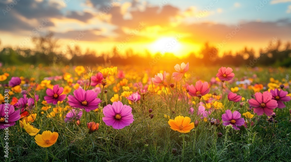 Obraz premium Pink and yellow flowers in a field. Perfect for a background or website design.
