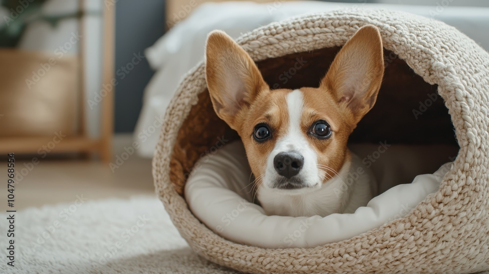 small dog with large ears peeks out from cozy, woven pet bed, looking curious and comfortable. setting is warm and inviting, with soft lighting and plush rug small dog with large ears peeks out from cozy, woven pet bed, looking curious and comfortable. setting is warm and inviting, with soft lighting and plush rug
