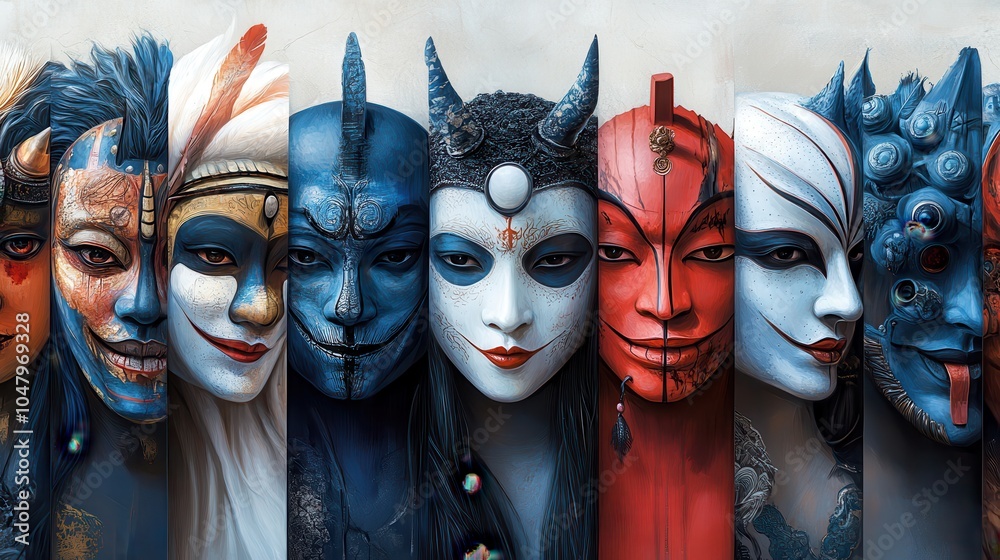 Obraz premium A row of faces with different colors and designs. Generative AI
