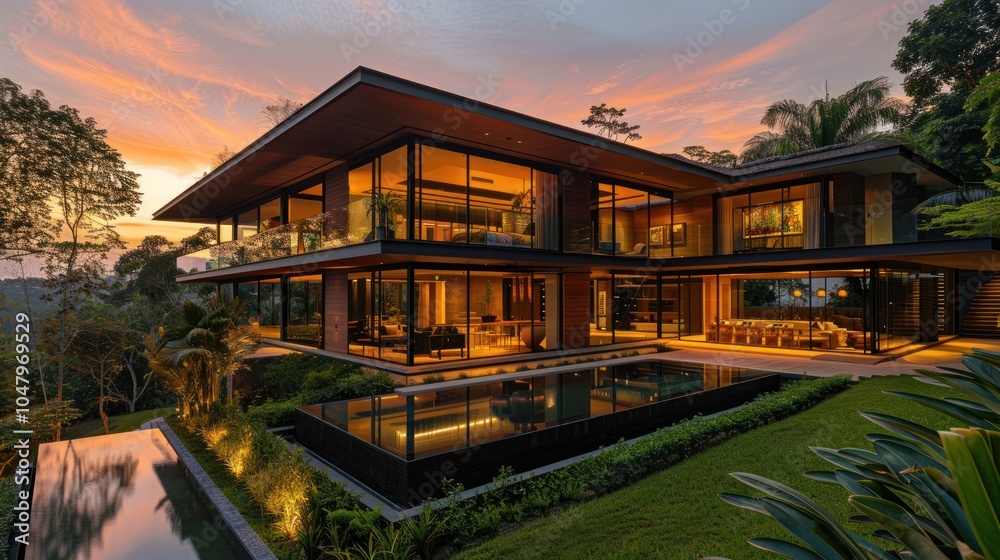 Modern Glass House with Pool and Sunset Sky Modern Glass House with Pool and Sunset Sky