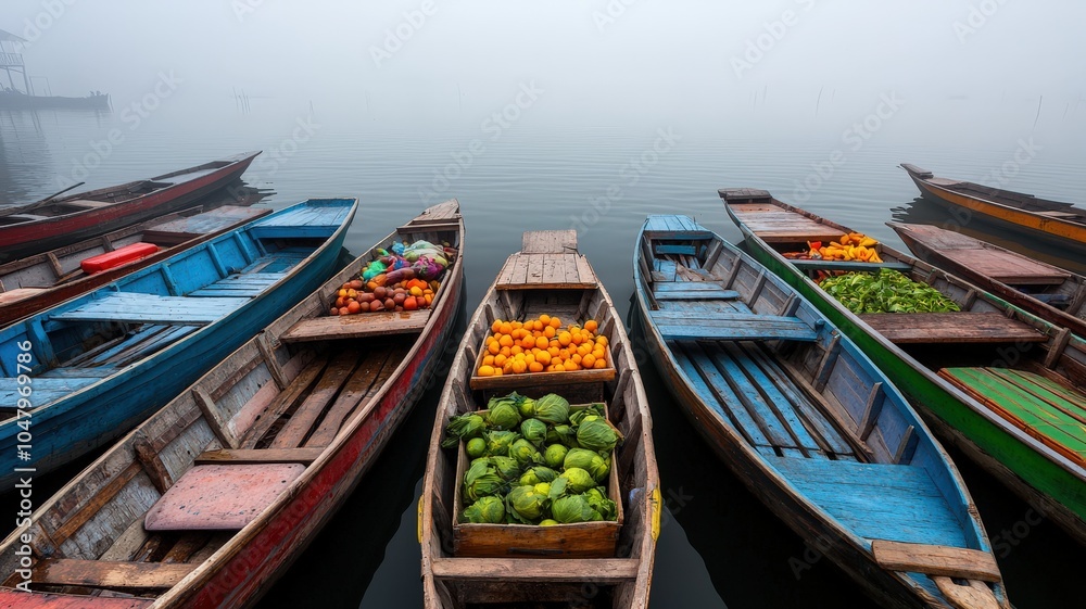 Obraz premium Boats filled with colorful fruits float in a misty harbor, creating a serene and vibrant marketplace scene.