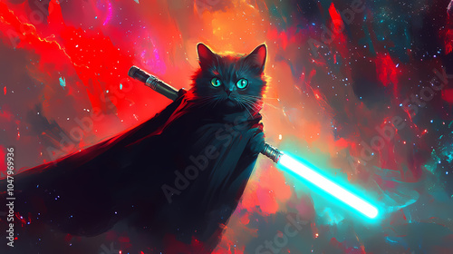 Cat with a light saber, illustration with a jedi in a cloak costume. Cosmic Battle. Illustration photo