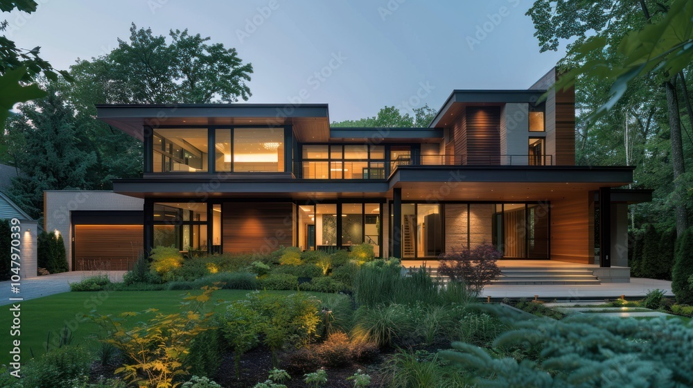 Modern Two-Story House with Expansive Windows and Landscaped Yard Modern Two-Story House with Expansive Windows and Landscaped Yard