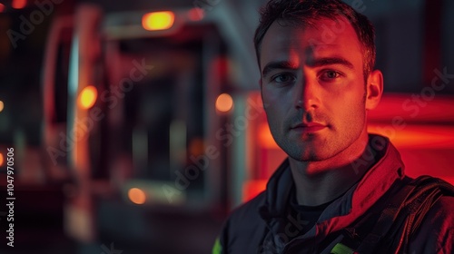 A determined young male firefighter stands confidently in a portrayal that captures his bravery and commitment to emergency service amidst dramatic lighting. photo