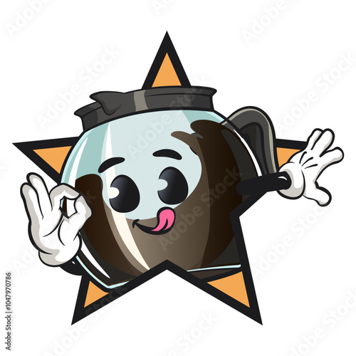 cool glass coffee pot cartoon mascot character vector illustration out from of a star by giving an OK sign, work of hand drawn