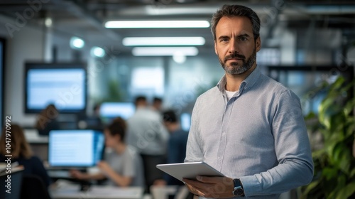 A determined European man stands confidently in a modern office, holding a tablet. He displays professionalism and focus, embodying a contemporary work environment.