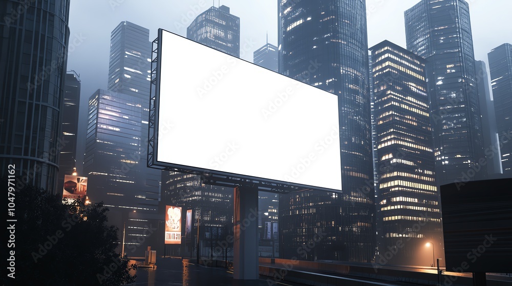Empty billboard in a modern cityscape at night, surrounded by illuminated skyscrapers and a moody urban atmosphere with mist. Empty billboard in a modern cityscape at night, surrounded by illuminated skyscrapers and a moody urban atmosphere with mist.