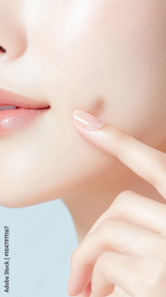 A close-up of a woman's face, highlighting her finger gently touching her cheek, emphasizing smooth skin and skincare. A close-up of a woman's face, highlighting her finger gently touching her cheek, emphasizing smooth skin and skincare.