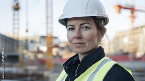 Confident European woman in a hard hat and safety vest stands at a construction site, showcasing her leadership and professionalism in a dynamic environment.