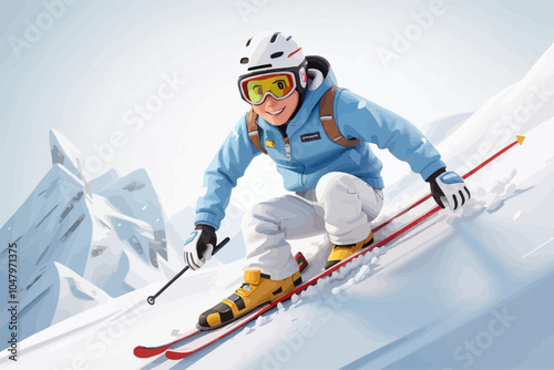 a skier skiing down the slope at high speed. He is wearing a ski helmet and ski goggles