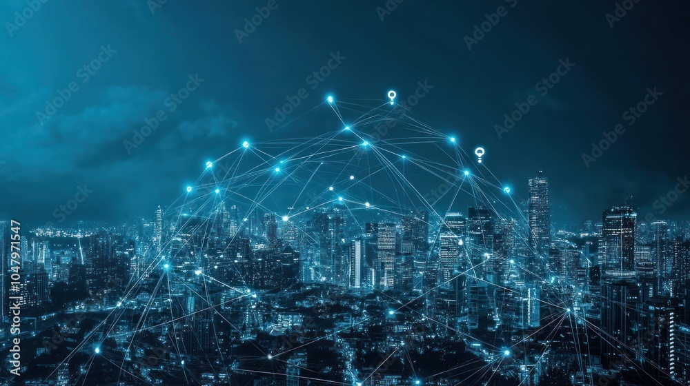 Fototapeta premium Night Cityscape with Network Connections