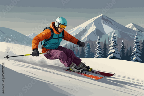 a skier skiing down the slope at high speed. He is wearing a ski helmet and ski goggles