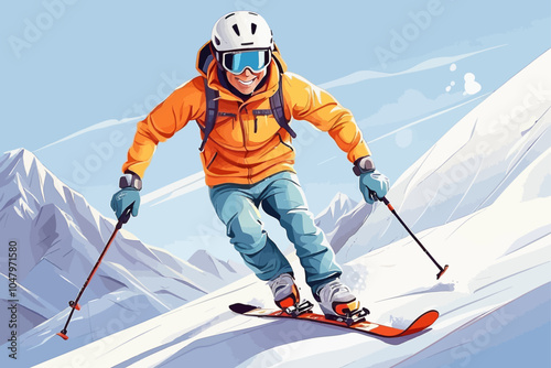 a skier skiing down the slope at high speed. He is wearing a ski helmet and ski goggles