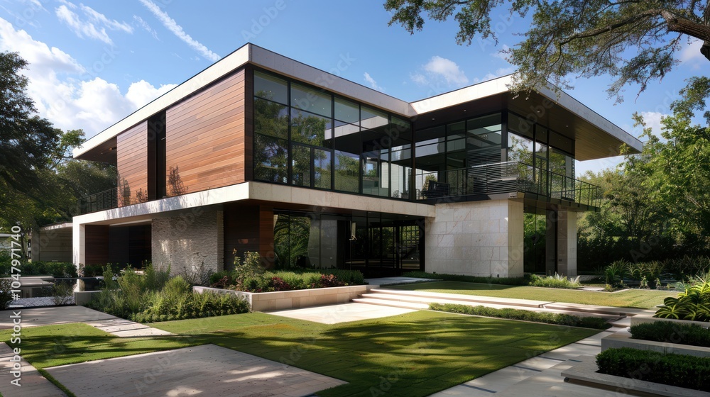 Modern house with large windows and a patio overlooking a landscaped lawn Modern house with large windows and a patio overlooking a landscaped lawn