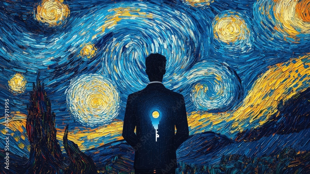 A silhouette of a person stands against a swirling starry night sky, creating a dreamy atmosphere of wonder and introspection.