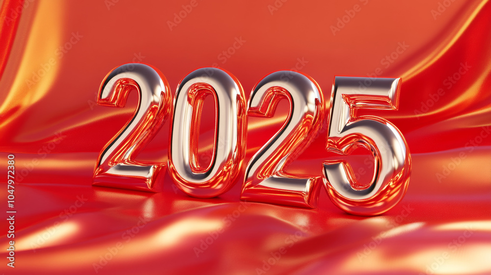 Happy new year 2025 number orange red silk with golden letter sparkles elegant wallpaper, 3D modern glistering shimmering glossy fashion background banner template