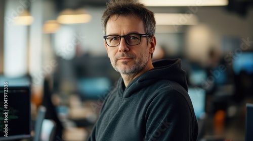 A middle-aged European software developer poses confidently in an office setting. His casual attire and glasses reflect a modern, tech-savvy professional environment.