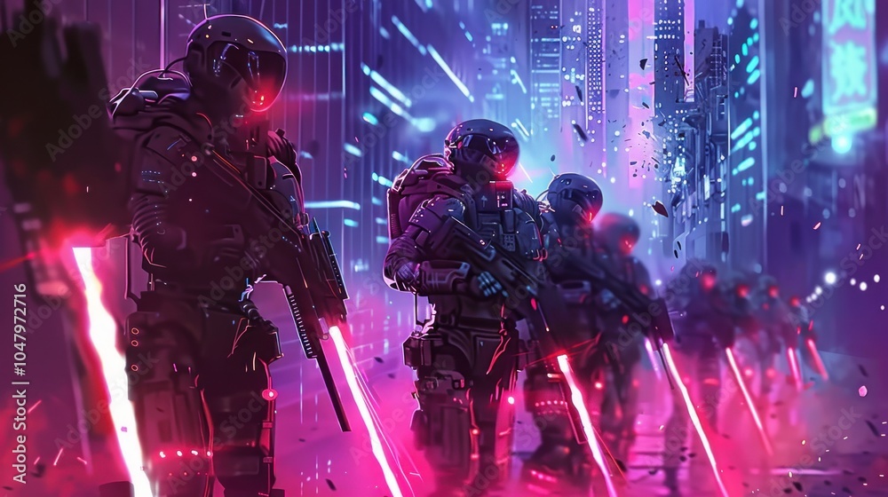 Swat team of robots in futuristic steel armor in a glowing cityscape, AI generated image Swat team of robots in futuristic steel armor in a glowing cityscape, AI generated image