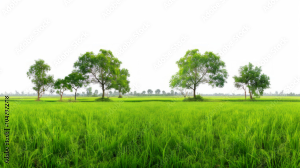 Fototapeta premium A beautiful grass field with trees on a white background, offering a panoramic view of a natural landscape with a meadow and rice paddy fields in the summer season.