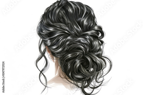 An illustration of curly and voluminous hair in an updo hairstyle against a white background with sharp details and no shadows or text.