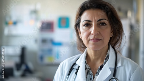 A confident middle-aged Middle Eastern female doctor poses in a healthcare environment, showcasing her professionalism and dedication to patient care.