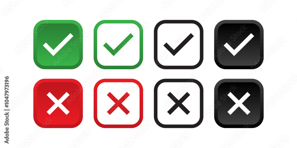 Check mark and cross mark icon button set. Rounded Rectangle Red and green checklist or voting sign. Tick and X icon , Simple ok yes no graphic design , right checkmark symbol accepted and rejected Check mark and cross mark icon button set. Rounded Rectangle Red and green checklist or voting sign. Tick and X icon , Simple ok yes no graphic design , right checkmark symbol accepted and rejected