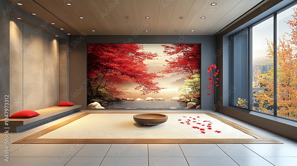 Fototapeta premium Zen Garden Interior Design with Autumnal Landscape Wall Art.