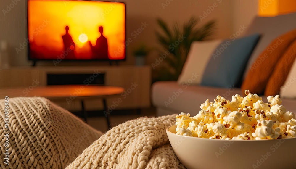 a cozy living room with a bowl of popcorn and a television screen showing a warm scene, creating a relaxed and homey atmosphere.