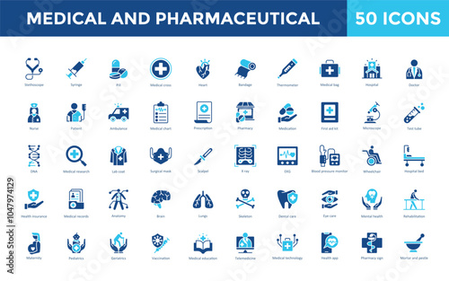 Medical and Pharmaceutical icon set with stethoscope, syringe, pill, medical cross, heart, bandage, thermometer, medical bag, hospital, doctor icon. Simple flat vector 
