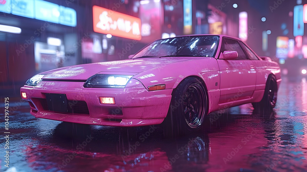 Fototapeta premium Pink Sports Car 3D Illustration in City at Night
