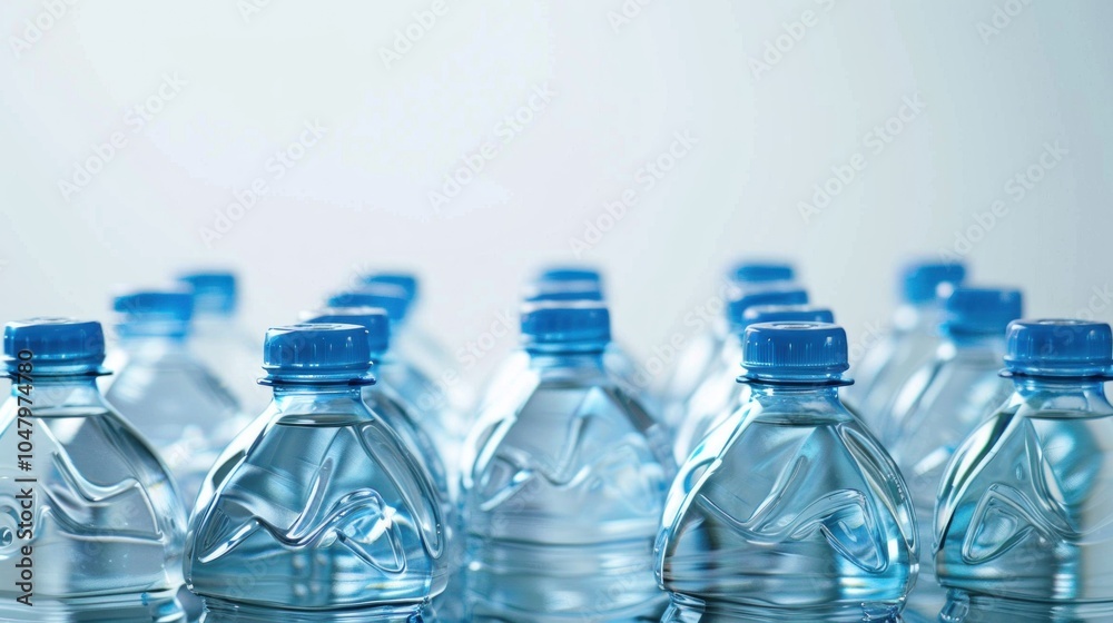 A Row of Plastic Water Bottles with Blue Caps A Row of Plastic Water Bottles with Blue Caps
