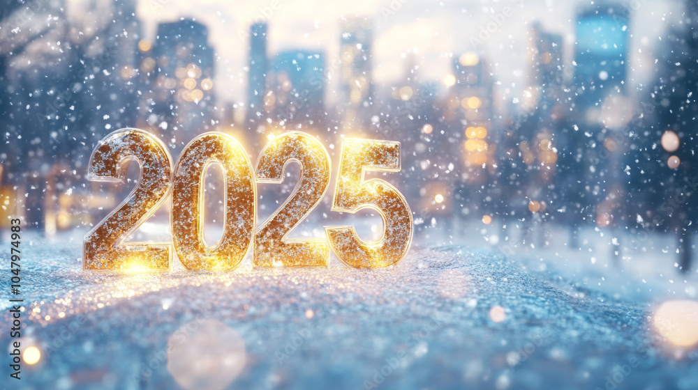 Happy new year 2025 with golden number symbol on snow winter street. 3D modern city business background banner template Happy new year 2025 with golden number symbol on snow winter street. 3D modern city business background banner template