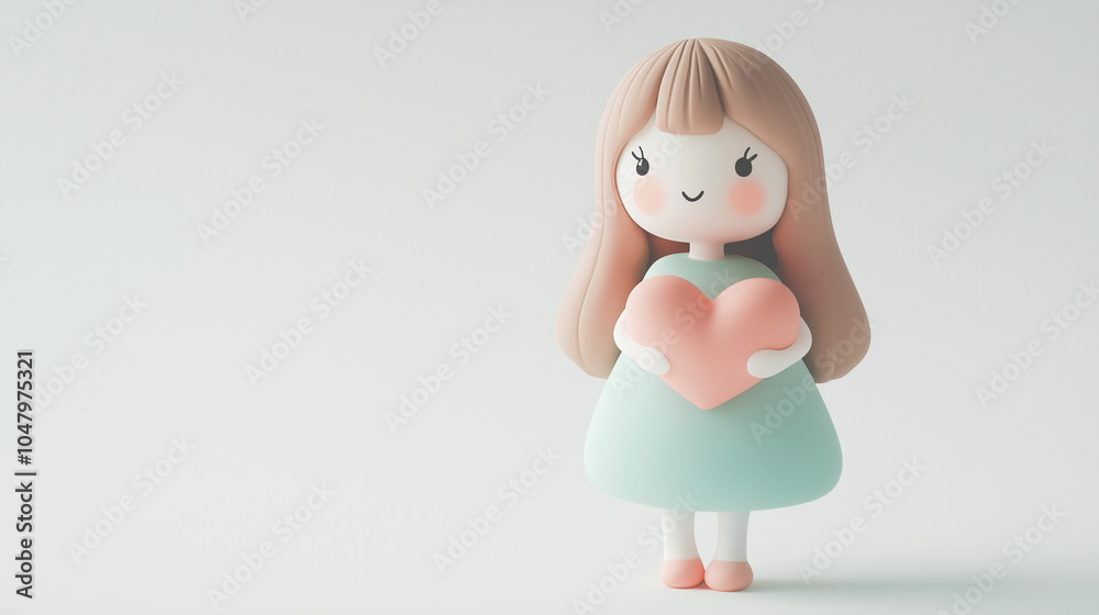 Adorable clay girl holding pink heart, full body, facing front, very small dot black eyes style, soft pastel, color 3D clay icon, Blender 3D, isolated white background, kawaii Adorable clay girl holding pink heart, full body, facing front, very small dot black eyes style, soft pastel, color 3D clay icon, Blender 3D, isolated white background, kawaii