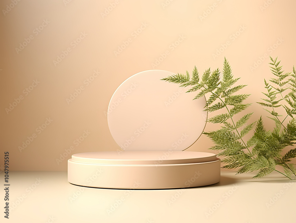Fototapeta premium Minimalist 3D Render of Beige Pedestal with Green Leaf and Tree Shadow for Cosmetic Mockup