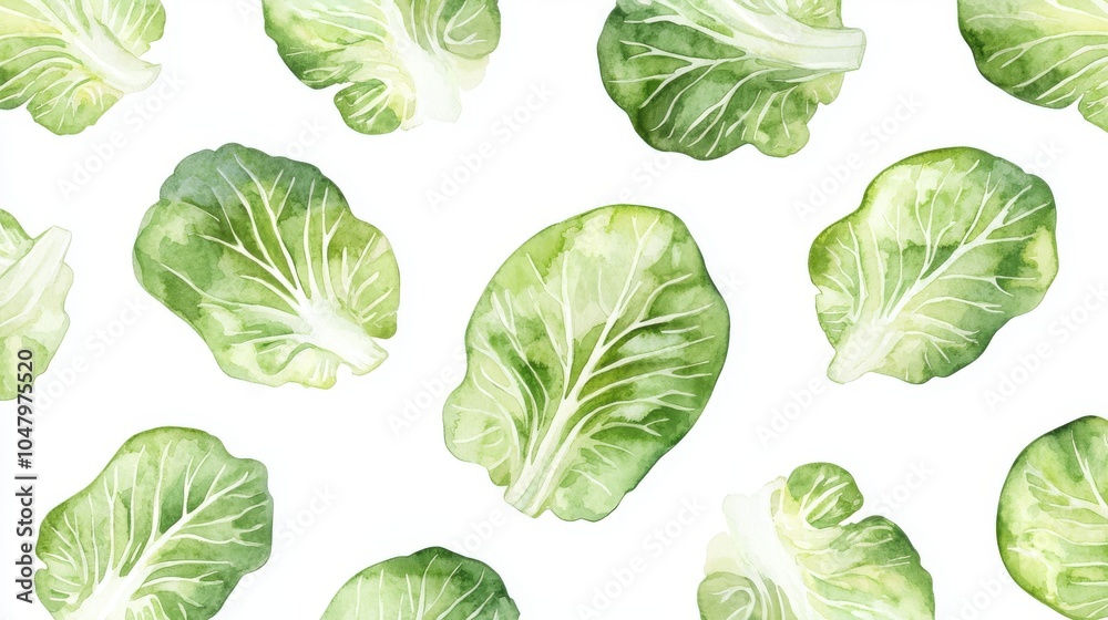 A vibrant pattern of fresh green lettuce leaves on a clean white background, perfect for food-related designs and culinary themes. A vibrant pattern of fresh green lettuce leaves on a clean white background, perfect for food-related designs and culinary themes.