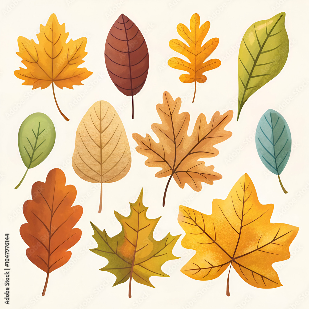 Obraz premium Colorful fall leaf vector set with simple oak, maple, and chestnut leaves, ideal for autumn-themed patterns, stickers, and banners