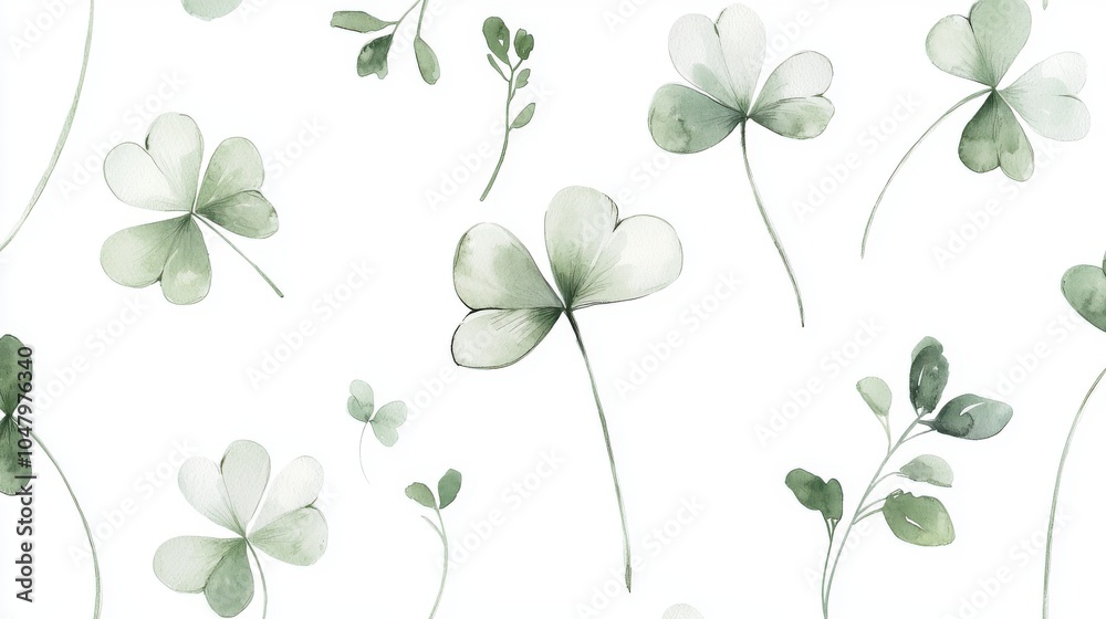 Obraz premium Delicate green clovers scattered on a light backdrop, perfect for nature-themed designs and springtime decor.