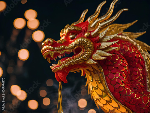 A vibrant red and gold dragon with intricate scales soaring through the sky in a Chinese New Year fireworks display.