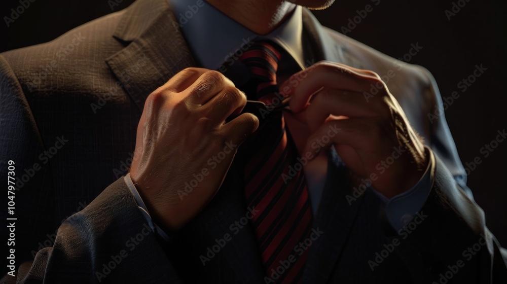 Fototapeta premium A Man Adjusting His Tie in the Shadows